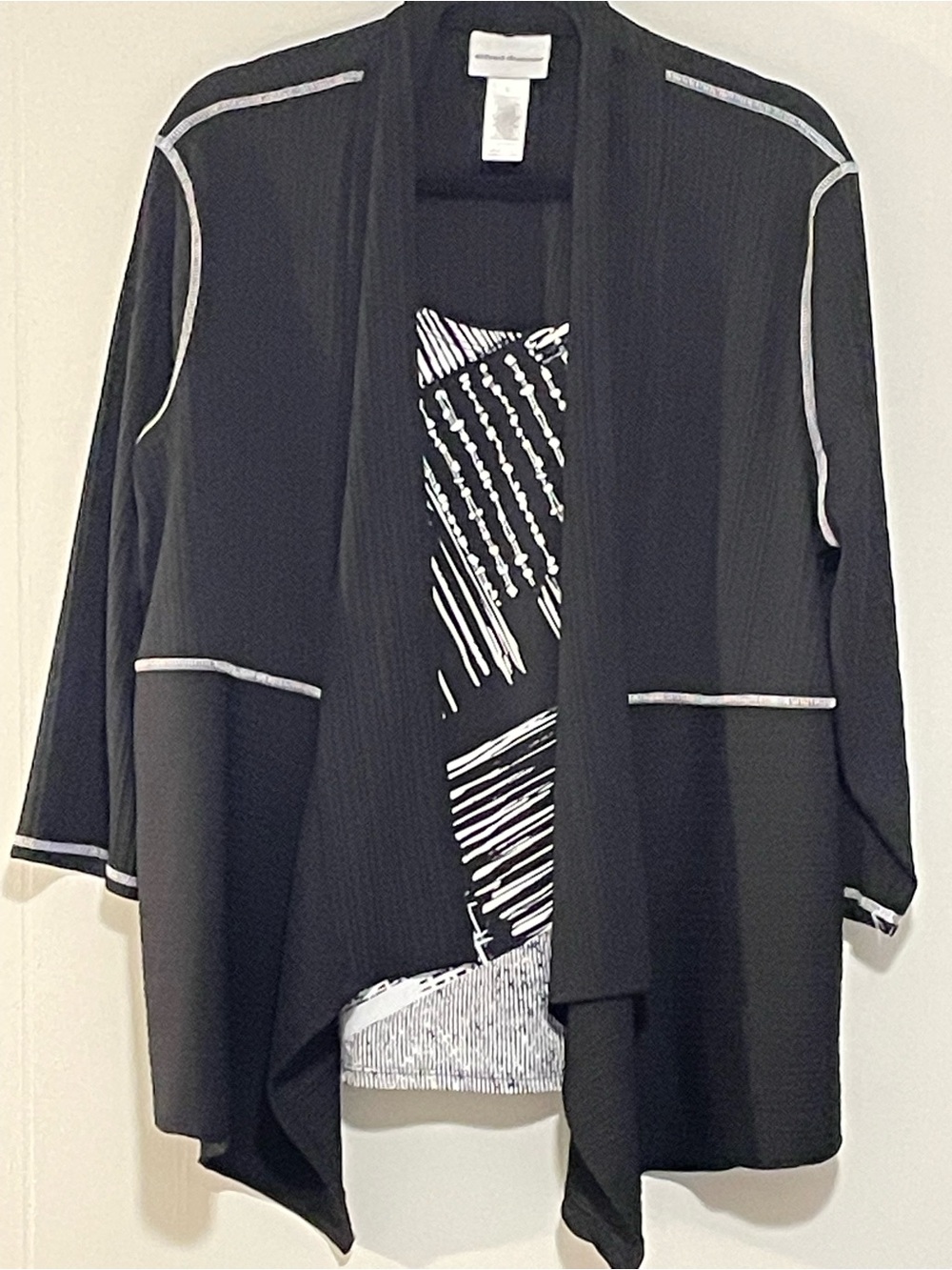 Black Open-Front Women's Cardigan with White Trim. Item # 11751